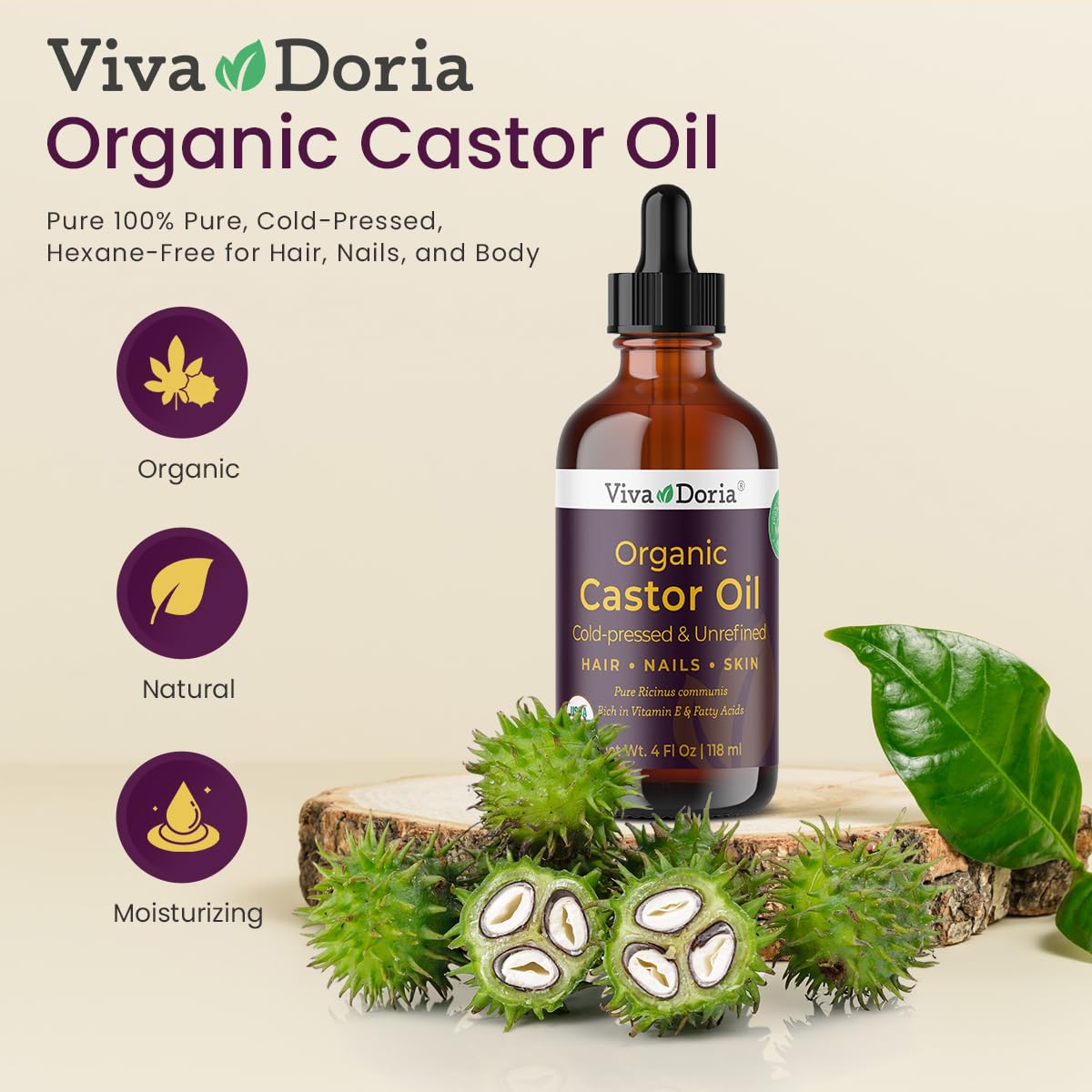 Organic Castor Oil, 4 Fl Oz | Virgin, Cold Pressed, Hexane-Free, Vegan | Nourishing Hair & Skin Care | Eyelash & Brow Serum |
