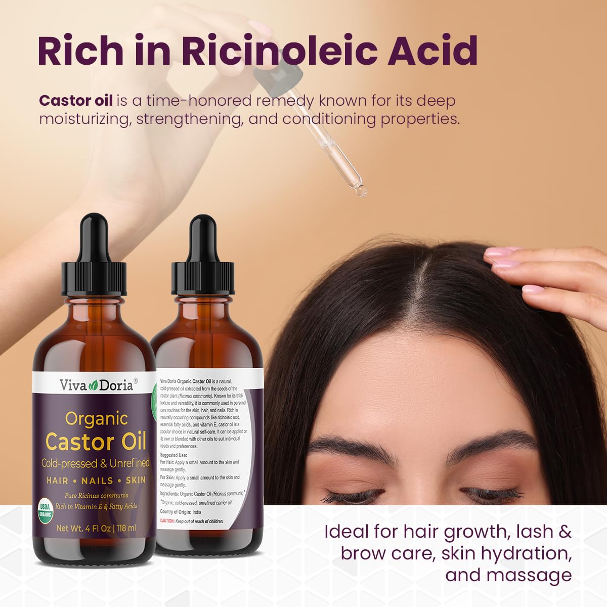 Organic Castor Oil, 4 Fl Oz | Virgin, Cold Pressed, Hexane-Free, Vegan | Nourishing Hair & Skin Care | Eyelash & Brow Serum |