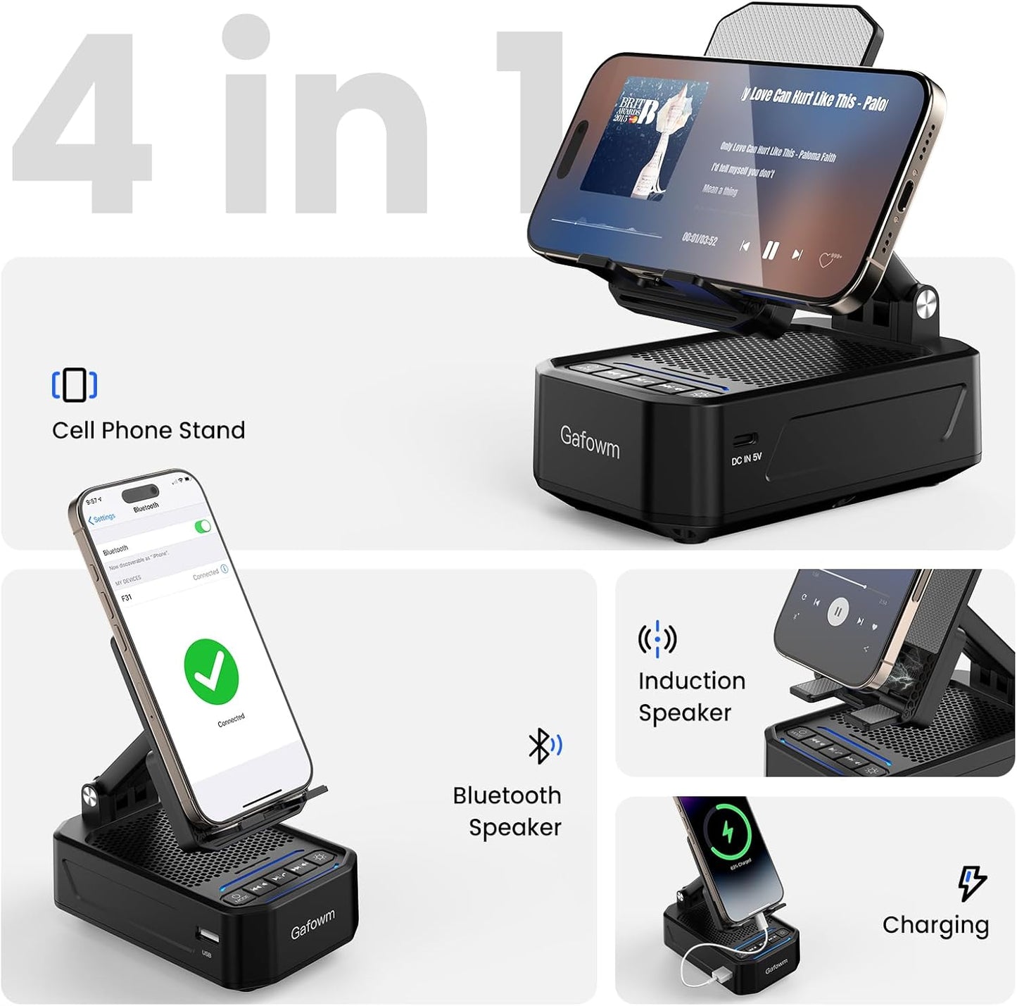 Cell Phone Stand with Instant Wireless Induction Bluetooth Speaker, No Bluetooth Pairing Needed