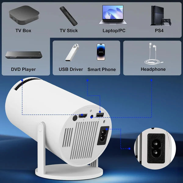Smart 4K Portable Projector with Android, WiFi, Bluetooth, Remote control & Built-In Speakers
