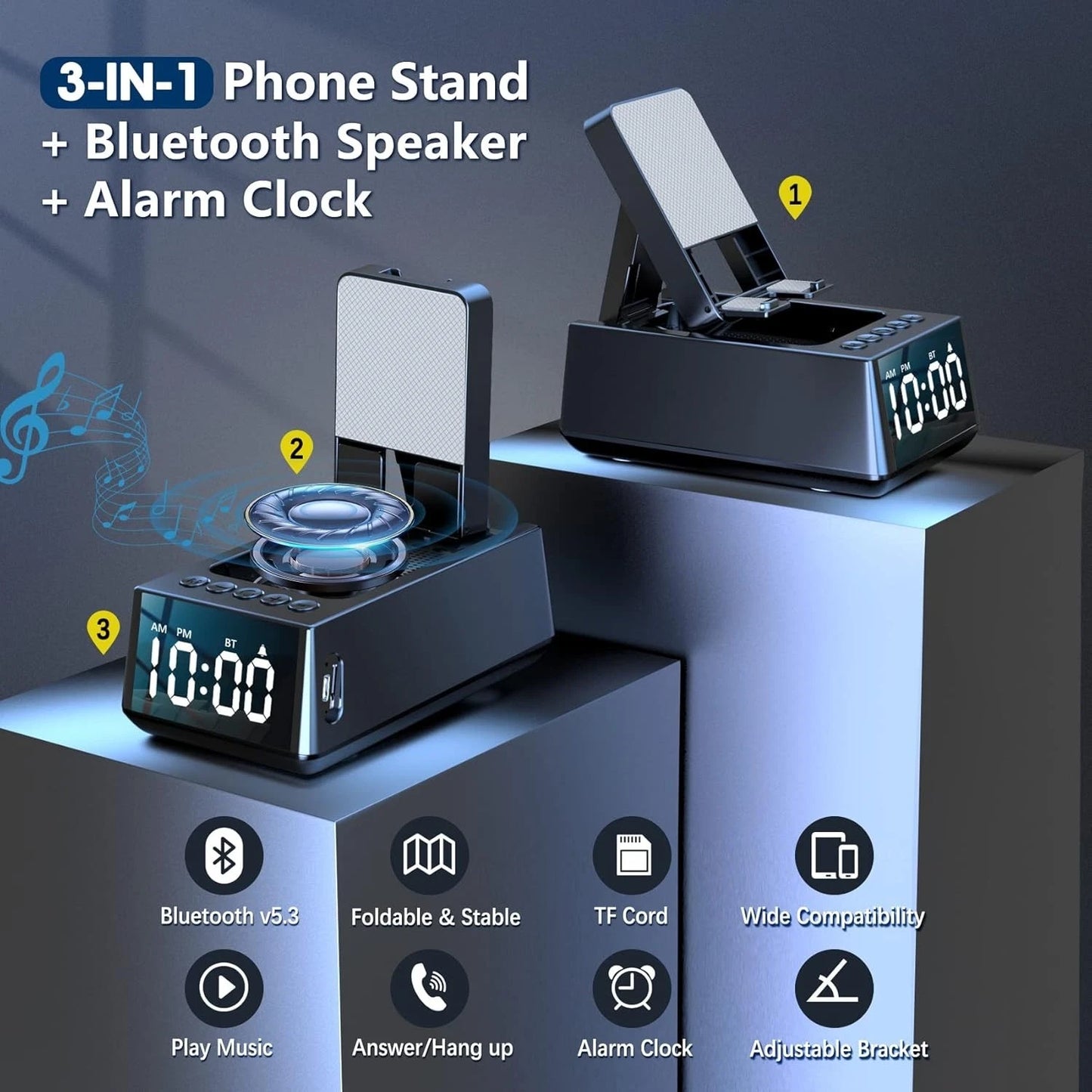 Phone Stand With Wireless Speaker and Alarm Clock